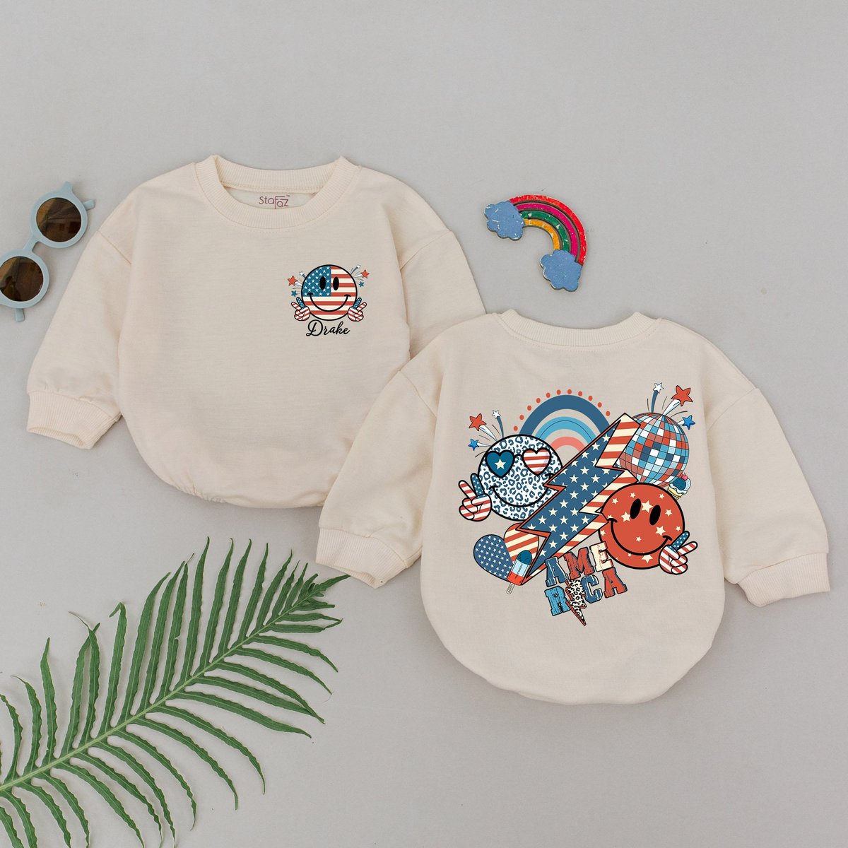 Personalized 4th of July Baby Girl Romper Retro Patriotic Outfit Memorial Day Bodysuit USA Independe