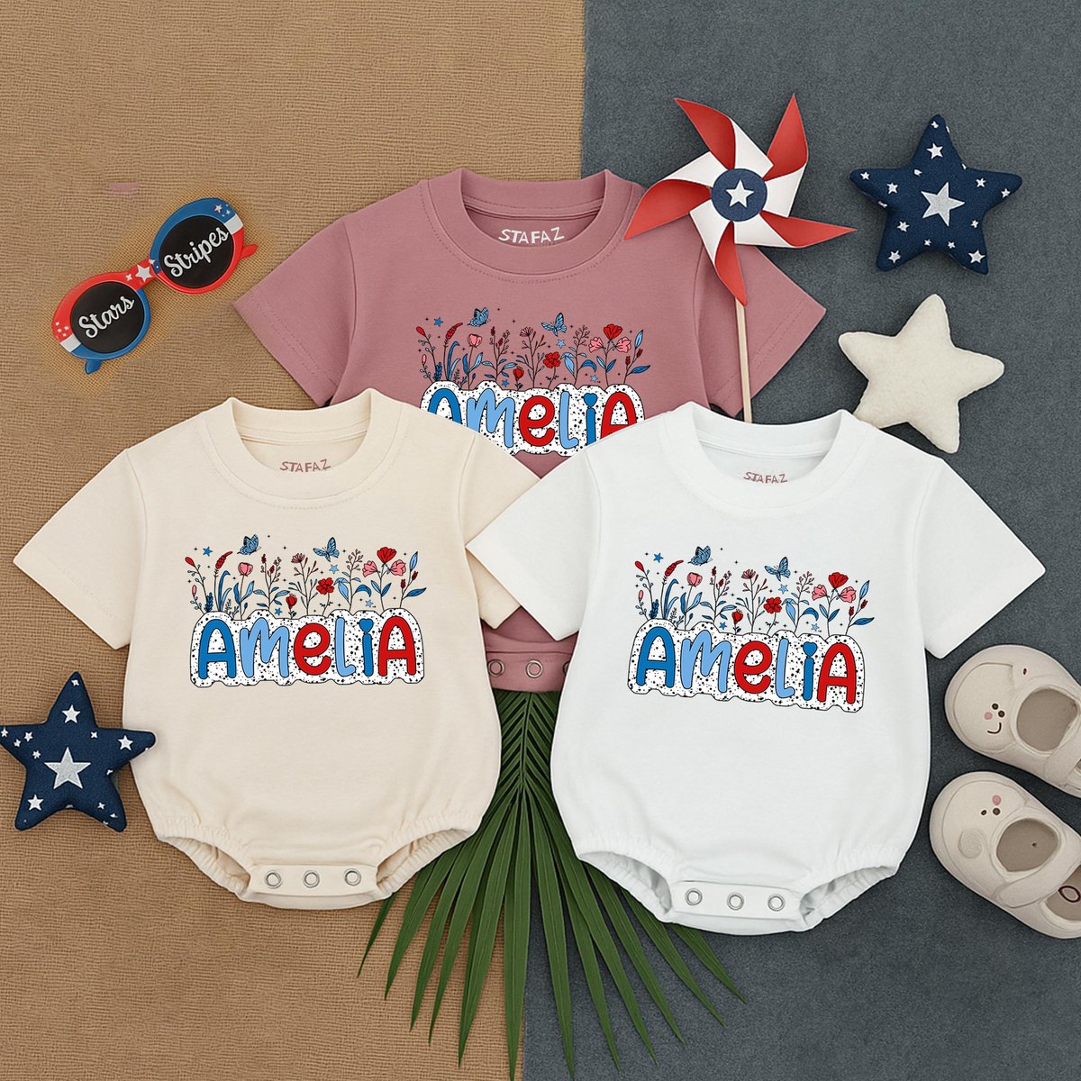 Personalized 4th of July Baby Bubble Romper Custom Wildflower Name T shirt Romper for GirlsIndepende 429