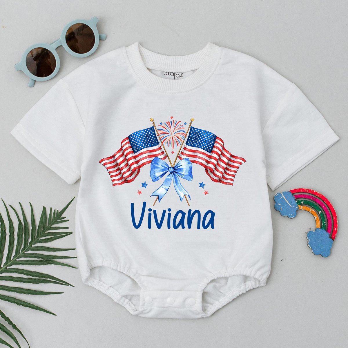 Personalized 4th of July Baby Girl Romper Patriotic Bow and Flag Outfit Custom Name USA Baby Clothes