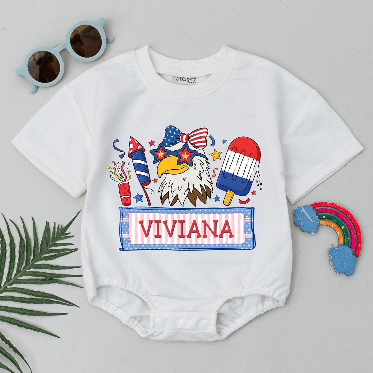 Personalized 4th Of July Baby Romper Custom Name Independence Day Gift for Girl American Fireworks a