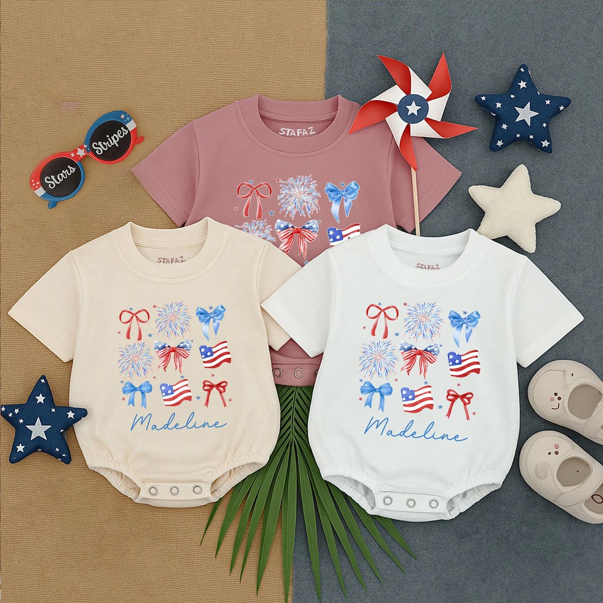 Personalized 4th of July Baby Clothes Short Sleeve Bubble Romper With Bow Baby Girl Clothes Toddler 430