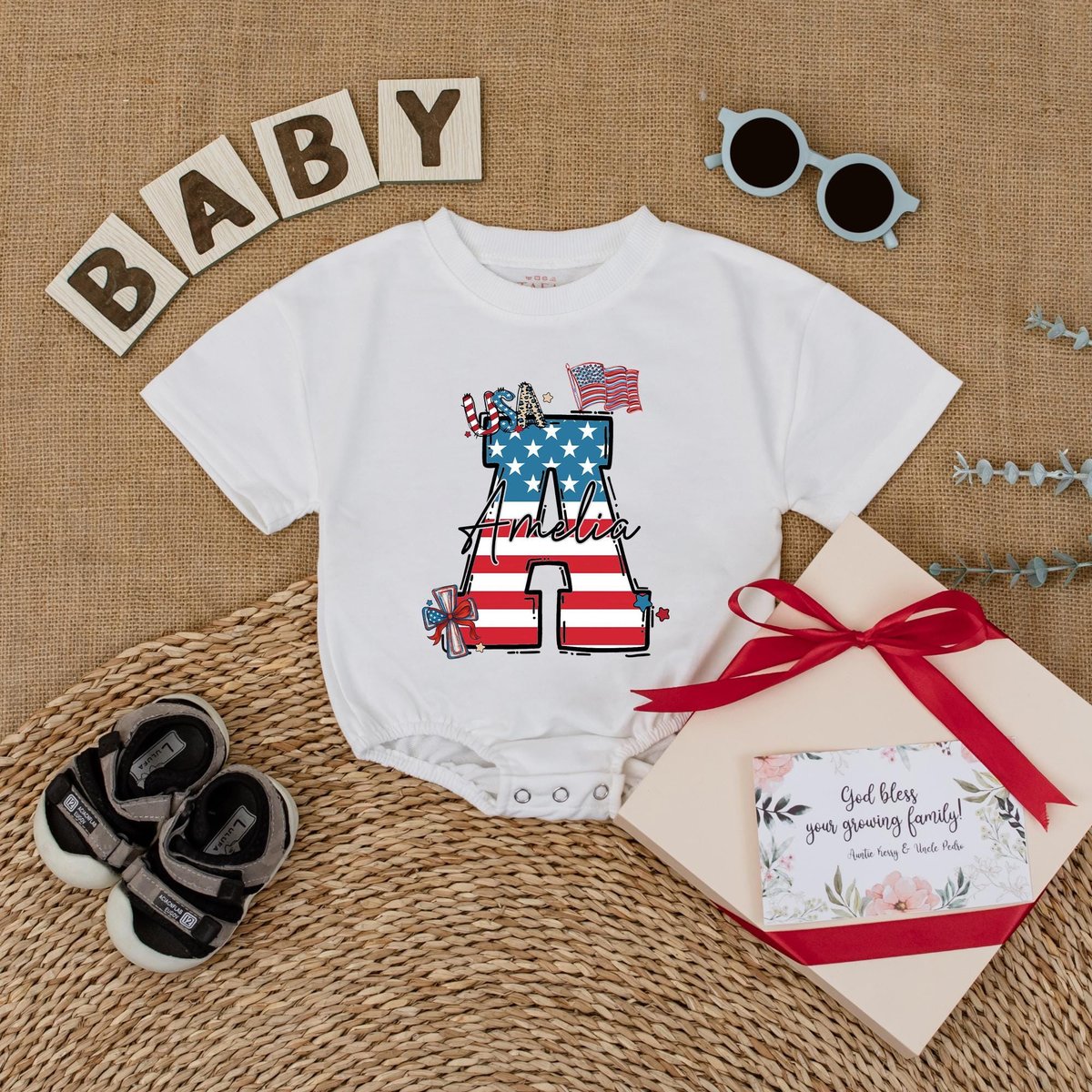 Personalized 4th of July Baby Bubble Romper American Flag Baby Bodysuit Custom Name Toddler Outfit I 430