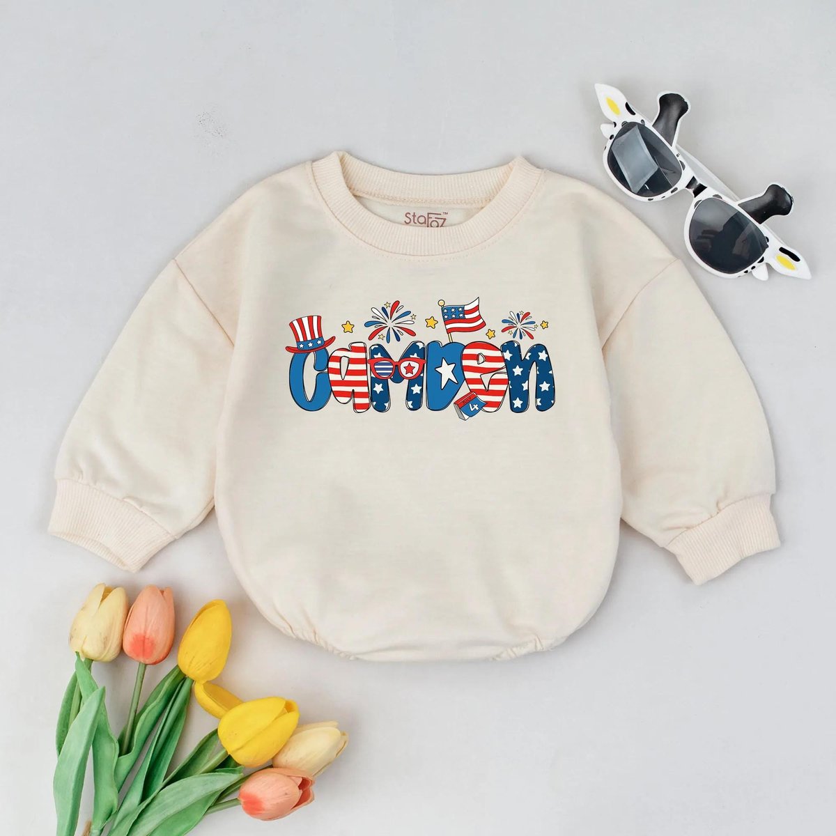 Personalized 4th of July Baby Romper Custom Name Baby Outfit USA Patriotic Romper Independence Day B 431