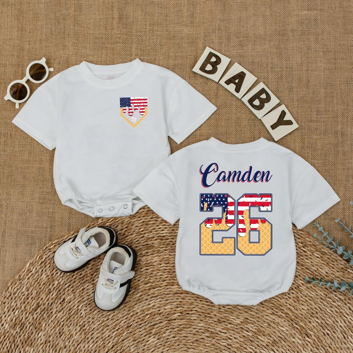 Personalized 4th of July Baseball Baby Romper Patriotic Ice Cream Toddler Outfit Sports Baby Name Sh 430