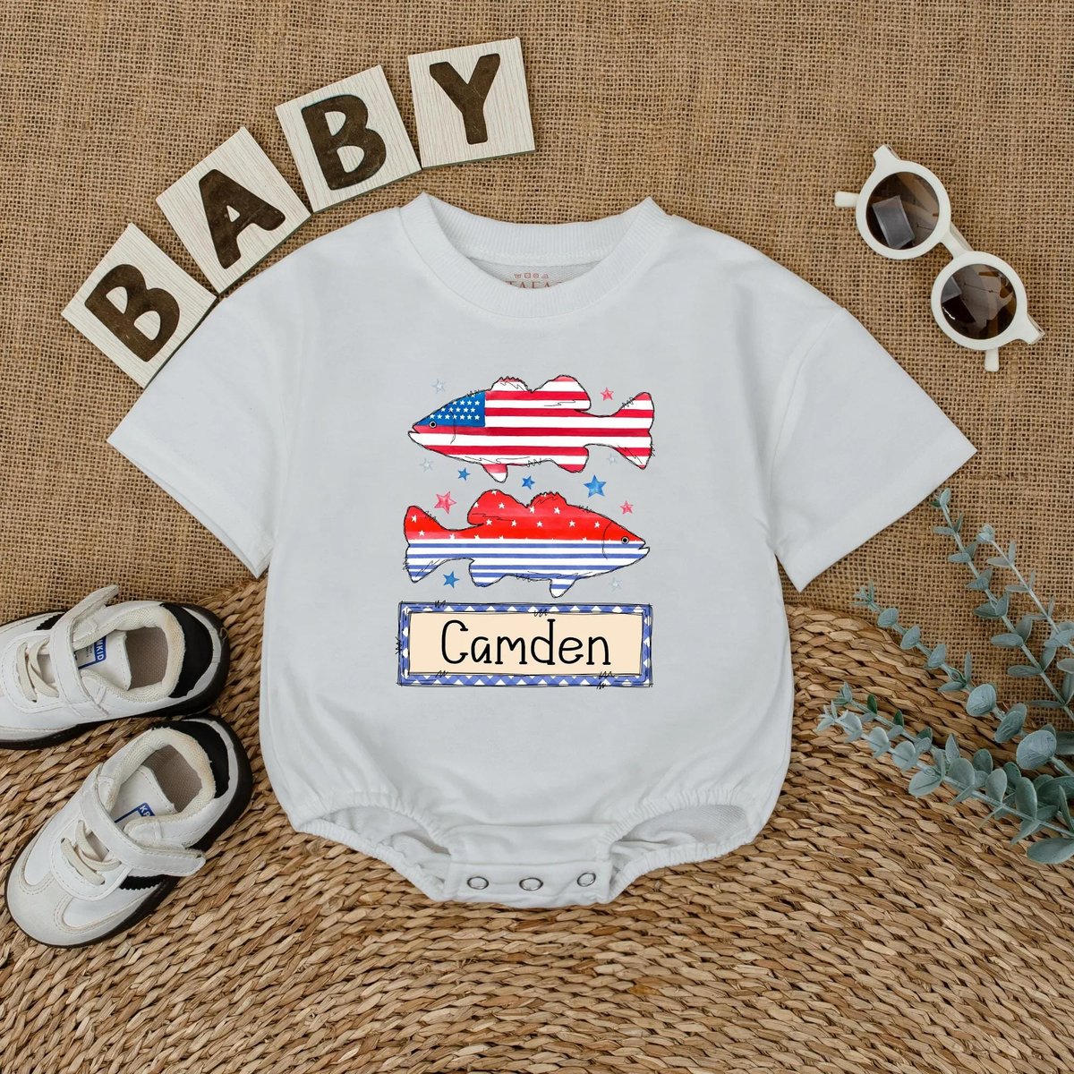 Personalized 4th of July Bass Fishing Baby Romper Boys Patriotic Baby Bodysuit Boys 4th of July Todd 430