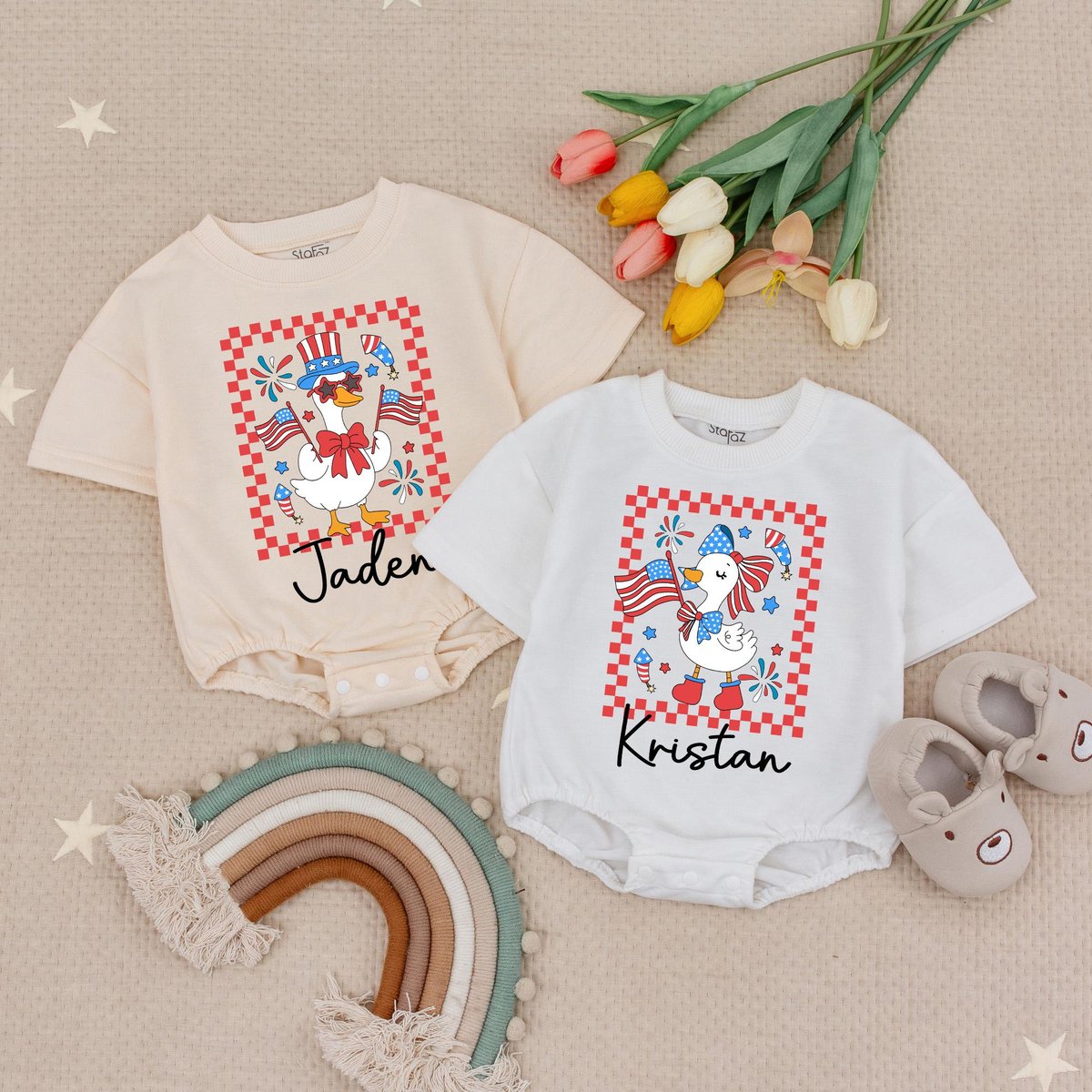Personalized 4th of July Boy Girl Goose Baby Romper American Boy Girl Checkered Babysuit Patriotic G