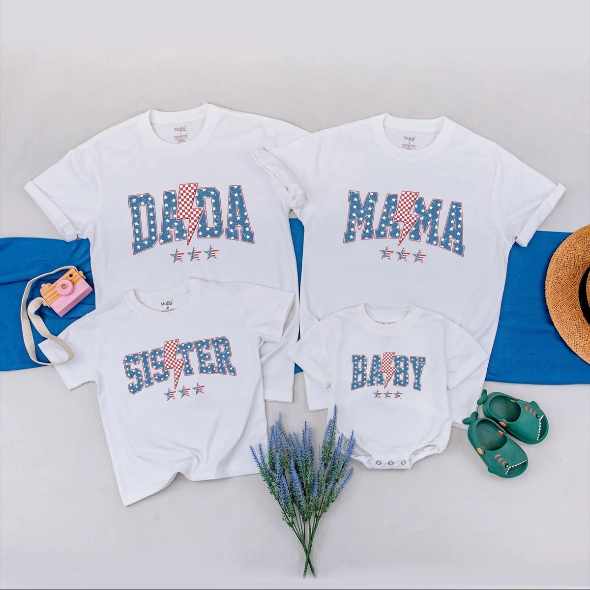 Personalized 4th of July Family Matching Shirts Patriotic Lightning Bolt Outfit for Dad Mom Baby Sis 189