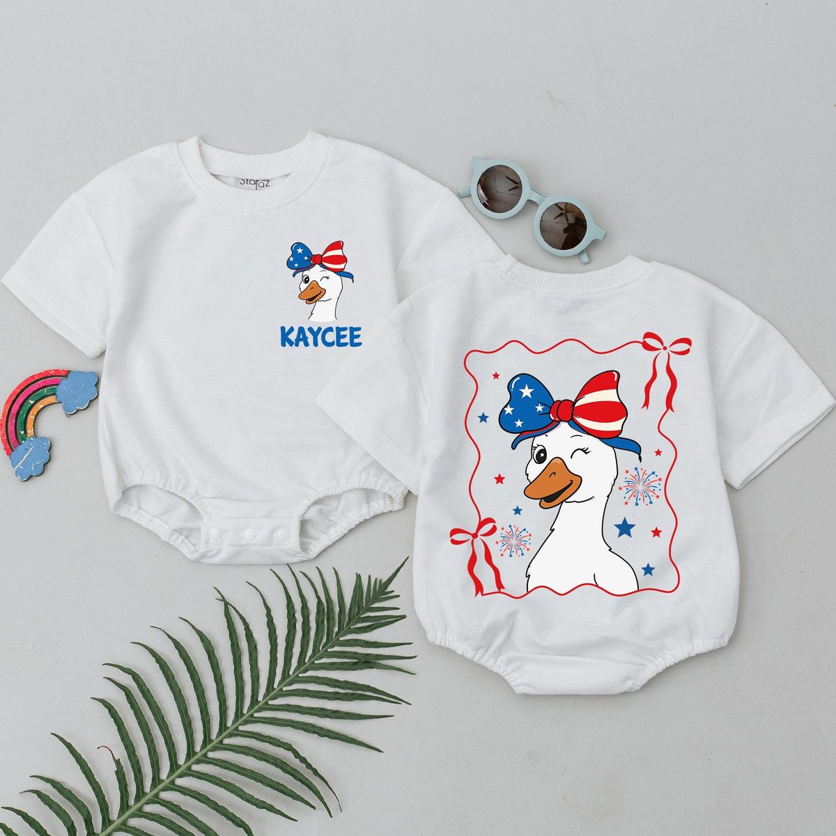 Personalized 4th of July Goose Baby Romper USA Bow Outfit for Baby Girls Independence Day Bubble Rom