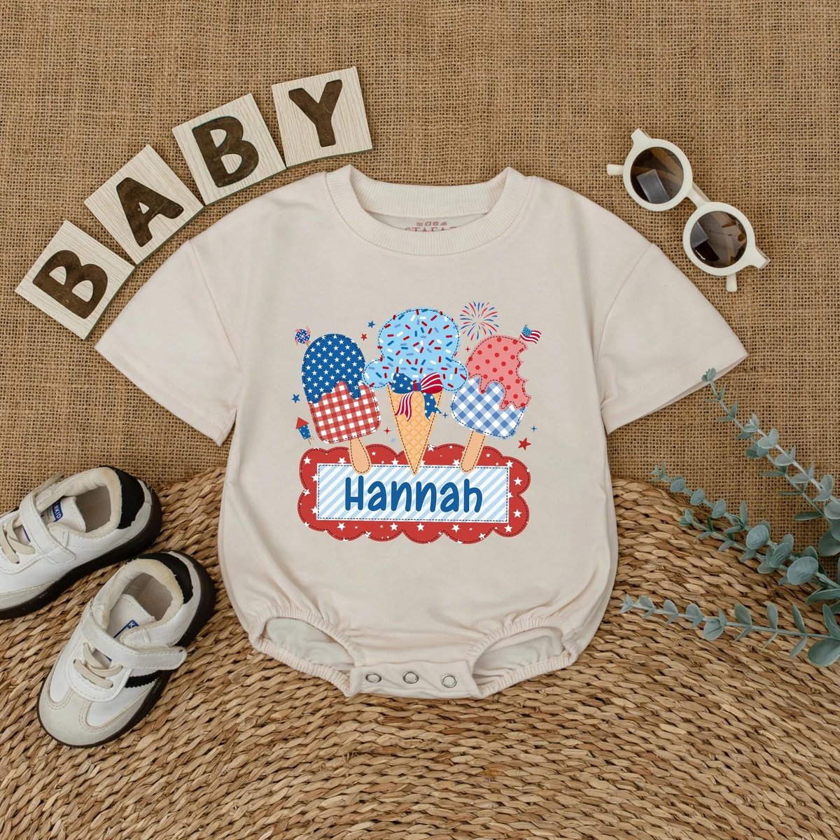 Personalized 4th of July Ice Cream Baby Romper Summer Ice Cream Bodysuit Patriotic Kids Shirt Indepe 430