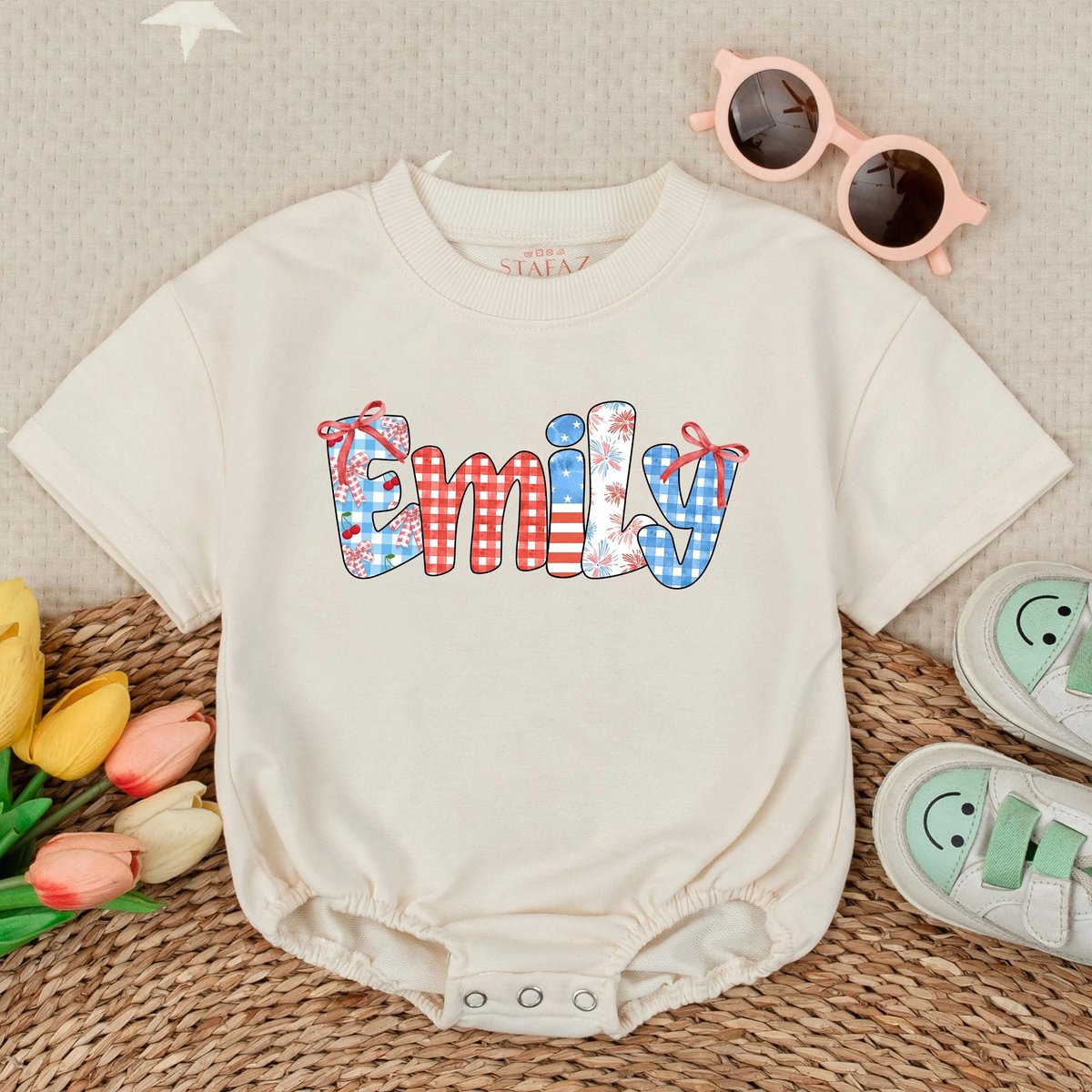 Personalized 4th of July Short Sleeve Bubble Romper Custom Baby Girl Outfit Red White Blue Toddler C