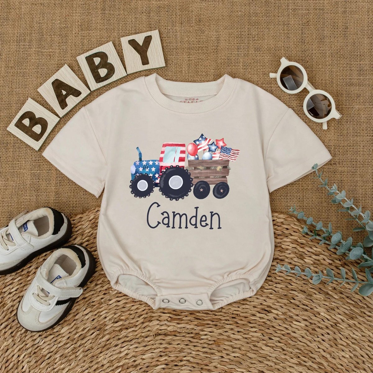 Personalized 4th of July Tractor Baby Romper Custom Patriotic Baby Outfit USA Baby Bodysuit with Nam 430