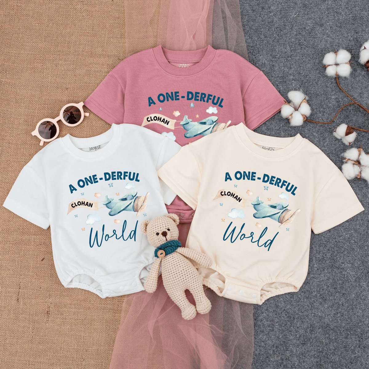 Personalized A Onederful World Romper Short  Sleeve Baby First Birthday Airplane First Birthday 1st 169