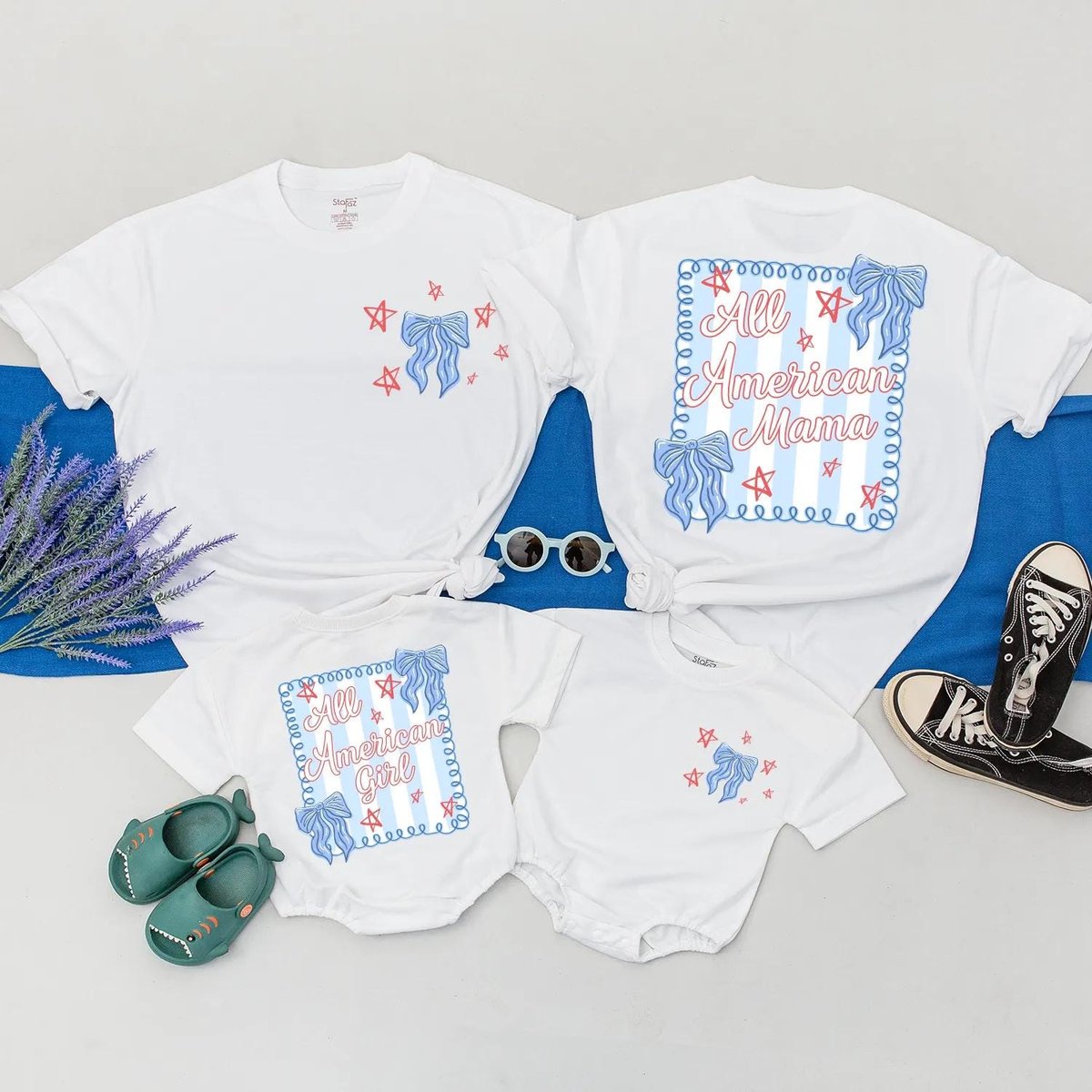Personalized All American Mama and Girl Matching Outfit 4th of July Bow Shirts Custom Independence D 430