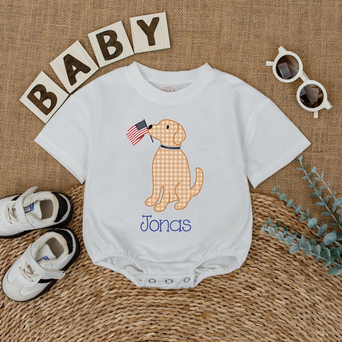 Personalized American Dog Baby Romper Custom Dog with American Flag Baby Bodysuit Baby Boy Clothes N 430