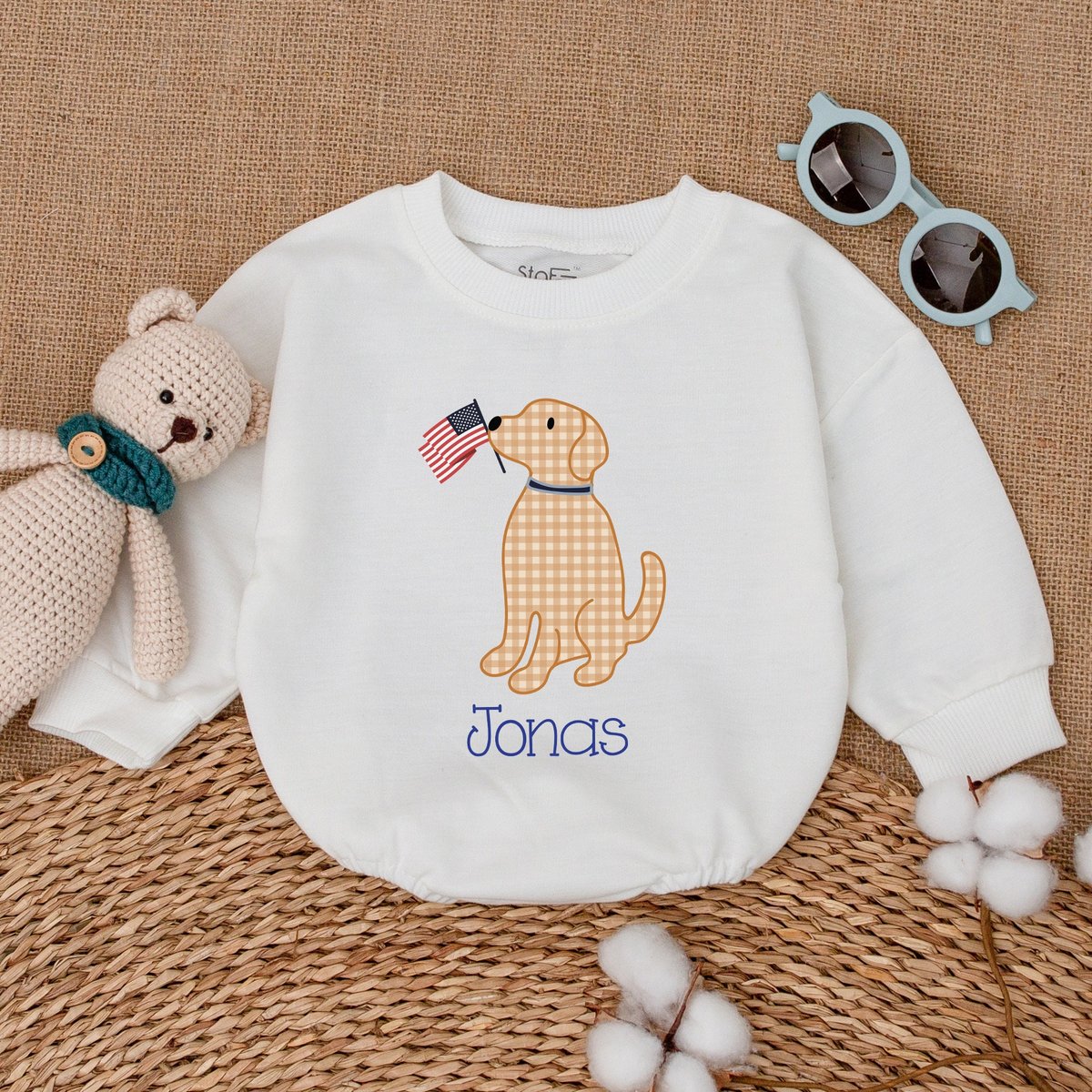 Personalized American Dog Romper Dog Holding Flags Bodysuit 4th of July Dogs Clothes Patriotic Puppy 170