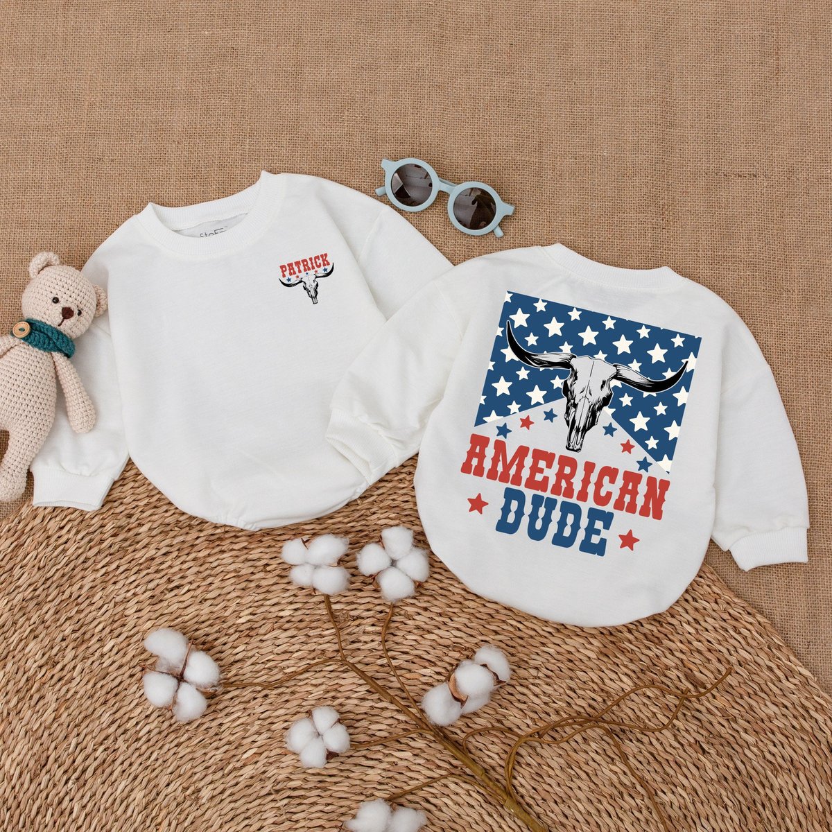 Personalized American Dude Romper American Bodysuit 4th of July Clothes Patriotic One Piece Independ 173