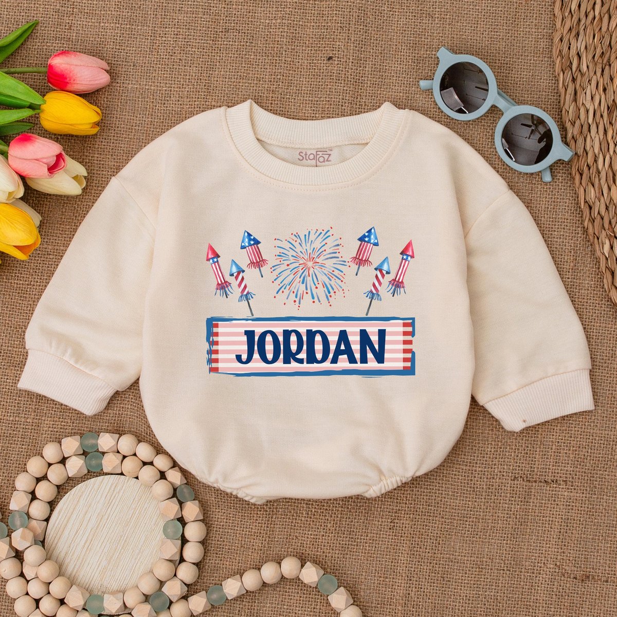 Personalized American Firework Romper Fourth of July Bodysuit 4th of July Clothes Custom Name Patrio 173