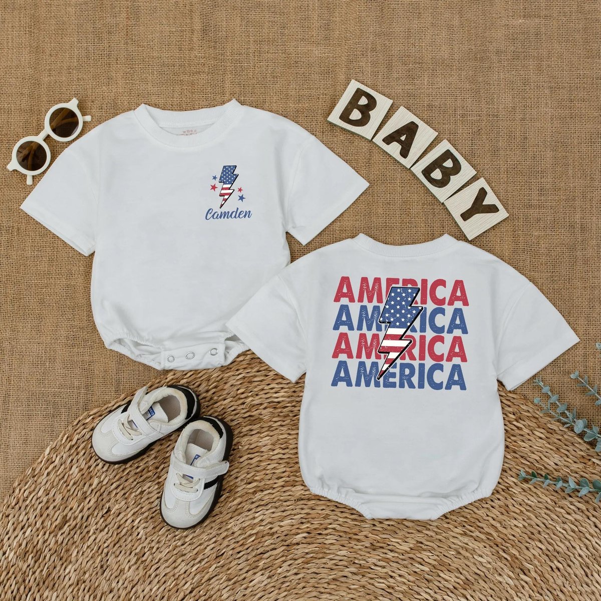 Personalized American Flag Romper 4th Of July Toddler Outfit Independence Day Kids Shirt Baby Girl a 430