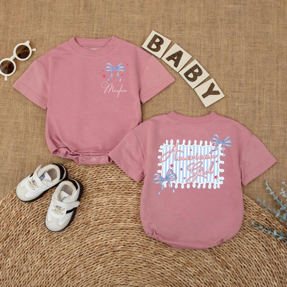 Personalized American Girl Flag and Bows Baby Romper Fourth of July Girly Baby Bodysuit Baby Girl Cl 430