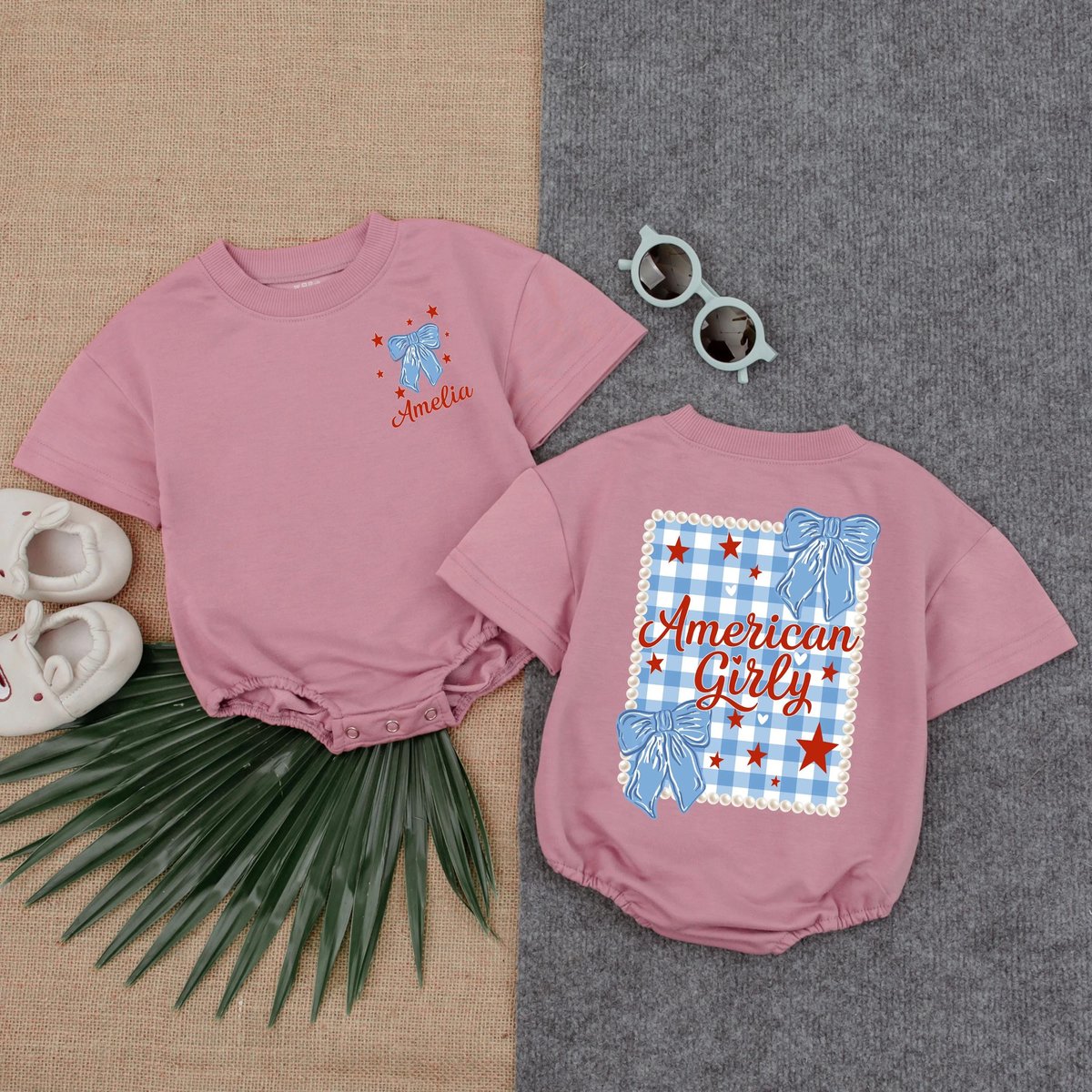 Personalized American Girly Bow T Shirt Bubble Romper Girl 4th of July Outfit Cute Baby Independence 430