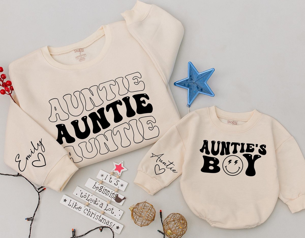 Personalized Auntie And Auntie's Boy Sweatshirt Matching Family Shirt Cute Xmas Kid Sweatshirt Baby 181