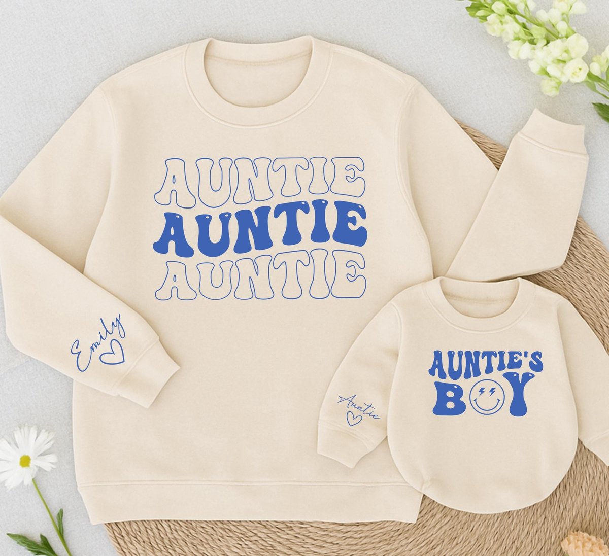 Personalized Auntie And Auntie's Boy Sweatshirt Matching Family Shirt Cute Xmas Kid Sweatshirt Baby 434