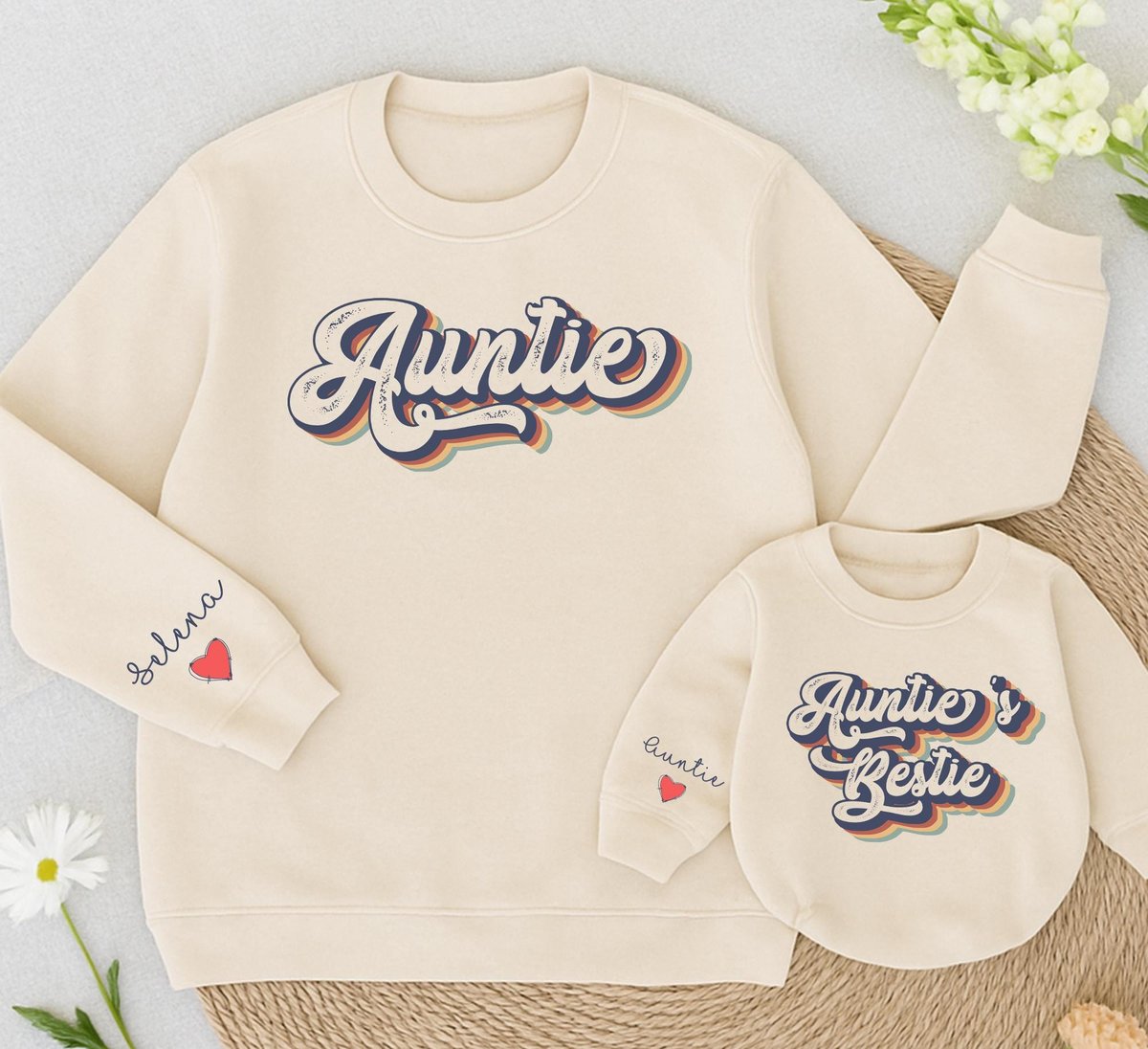 Personalized Auntie And Auntie's Bestie Sweatshirt Matching Family Shirt Auntie and niece Baby Romp 437