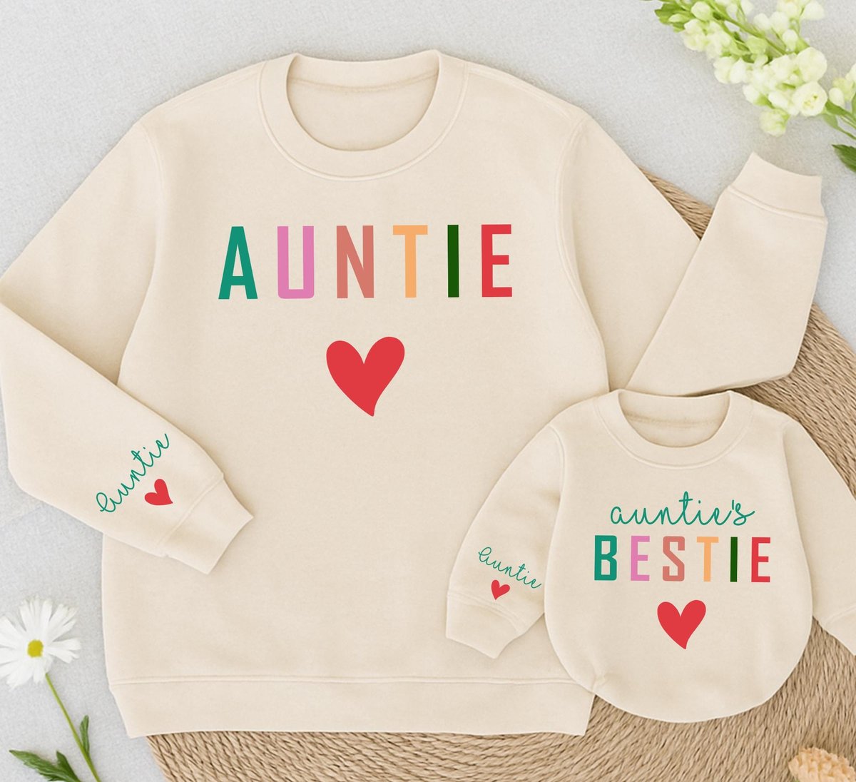 Personalized Auntie and Bestie Sweatshirt with Name On Sleeve Custom Auntie Shirt Baby Romper Matchi 437