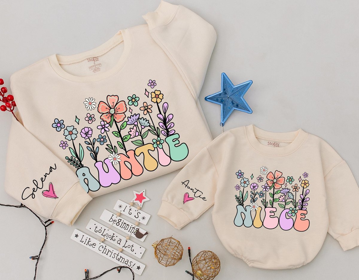 Personalized Auntie And Niece Floral Sweatshirt Matching Family retro Auntie and niece Baby Romper G 181