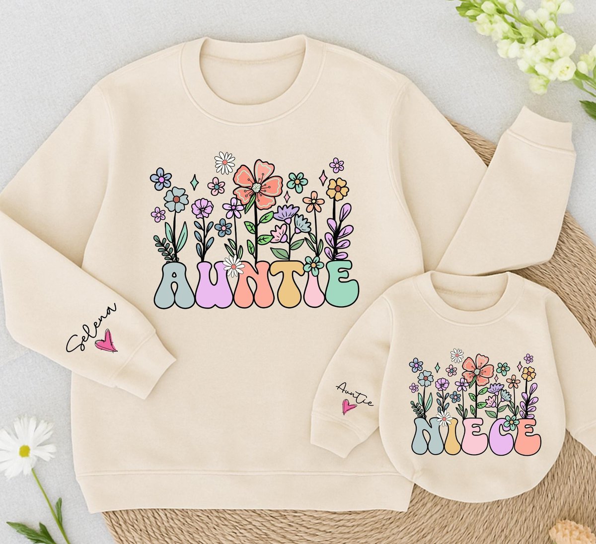 Personalized Auntie And Niece retro floral Sweatshirt Matching Family Auntie and niece Baby Romper G 437