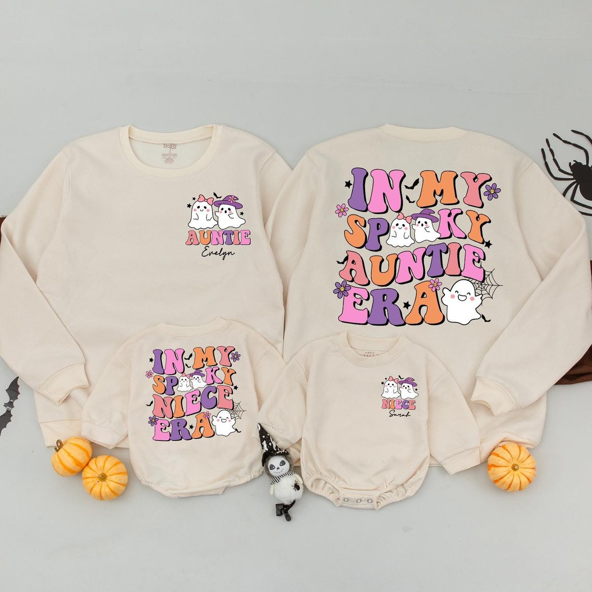 Personalized Auntie Matching Outfit Auntie and Niece Sweater Custom Family Spooky Auntie Retro Hallo 177