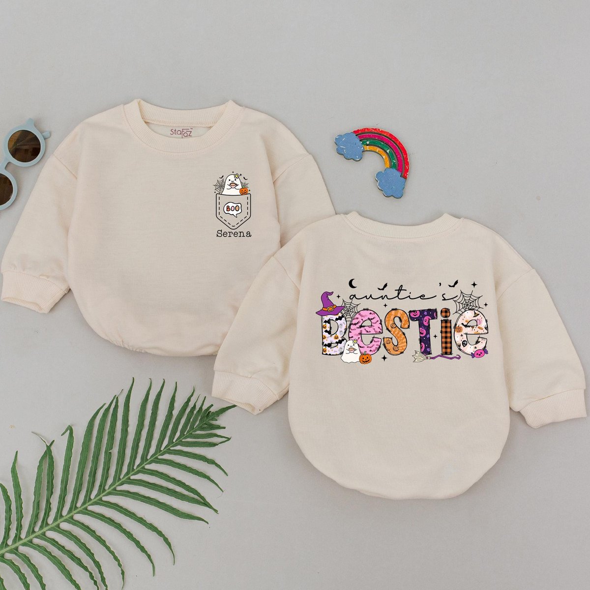 Personalized Auntie's Bestie Romper 1st Halloween Baby Romper Baby Shower Gift Little Boo Outfits N