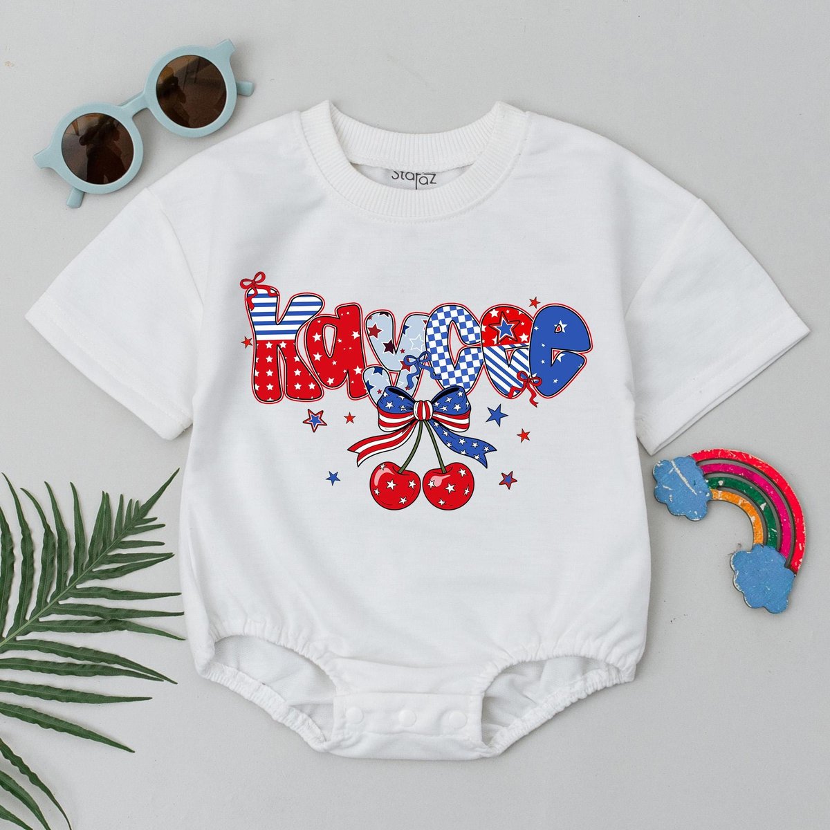 Personalized Baby 4th of July Romper Retro Cherry Bow USA Outfit Custom Name Patriotic Bodysuit Inde