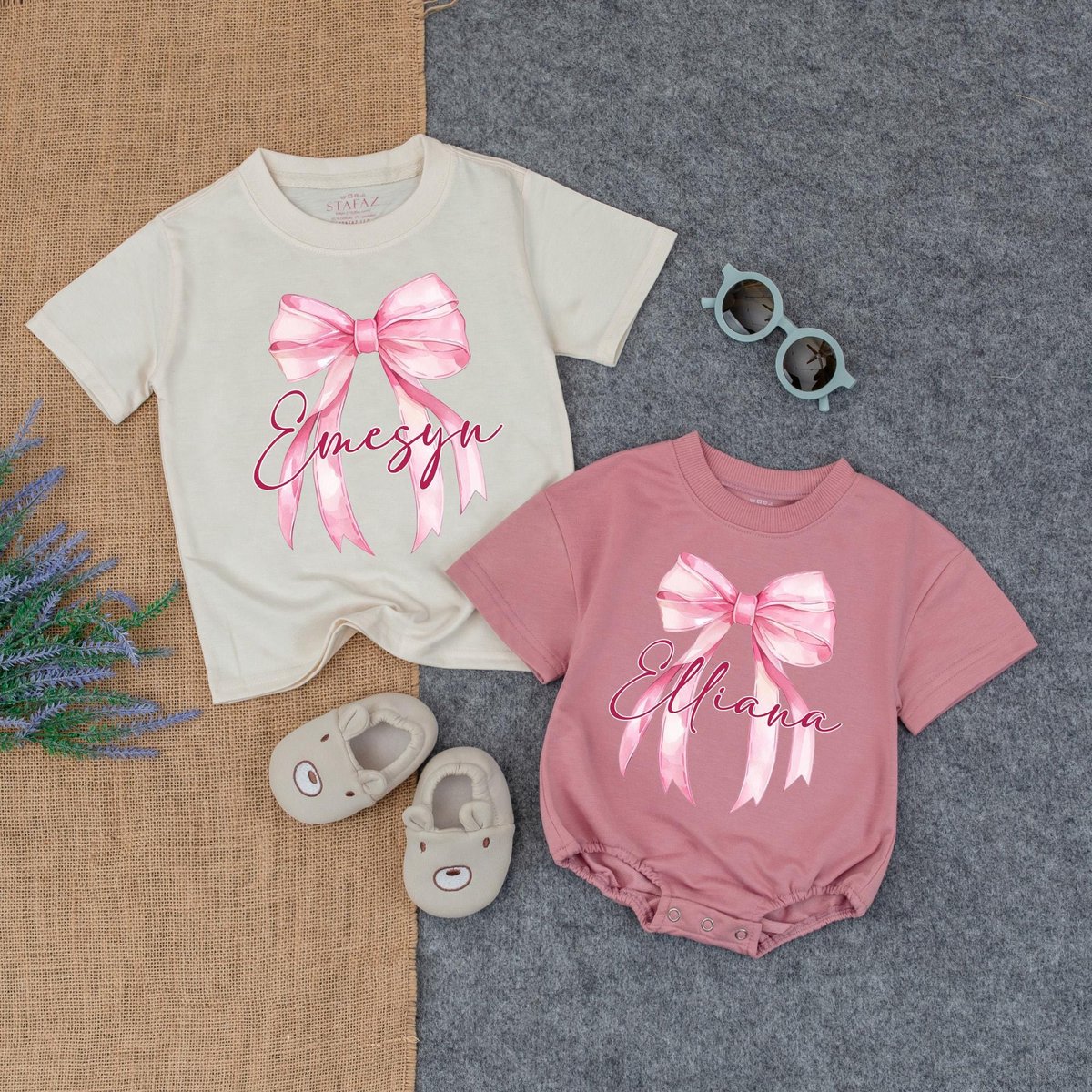Personalized Baby Bow T Shirt Bubble Romper Baby Girl Clothes Sister and Me OutfitToddler and Youth 190