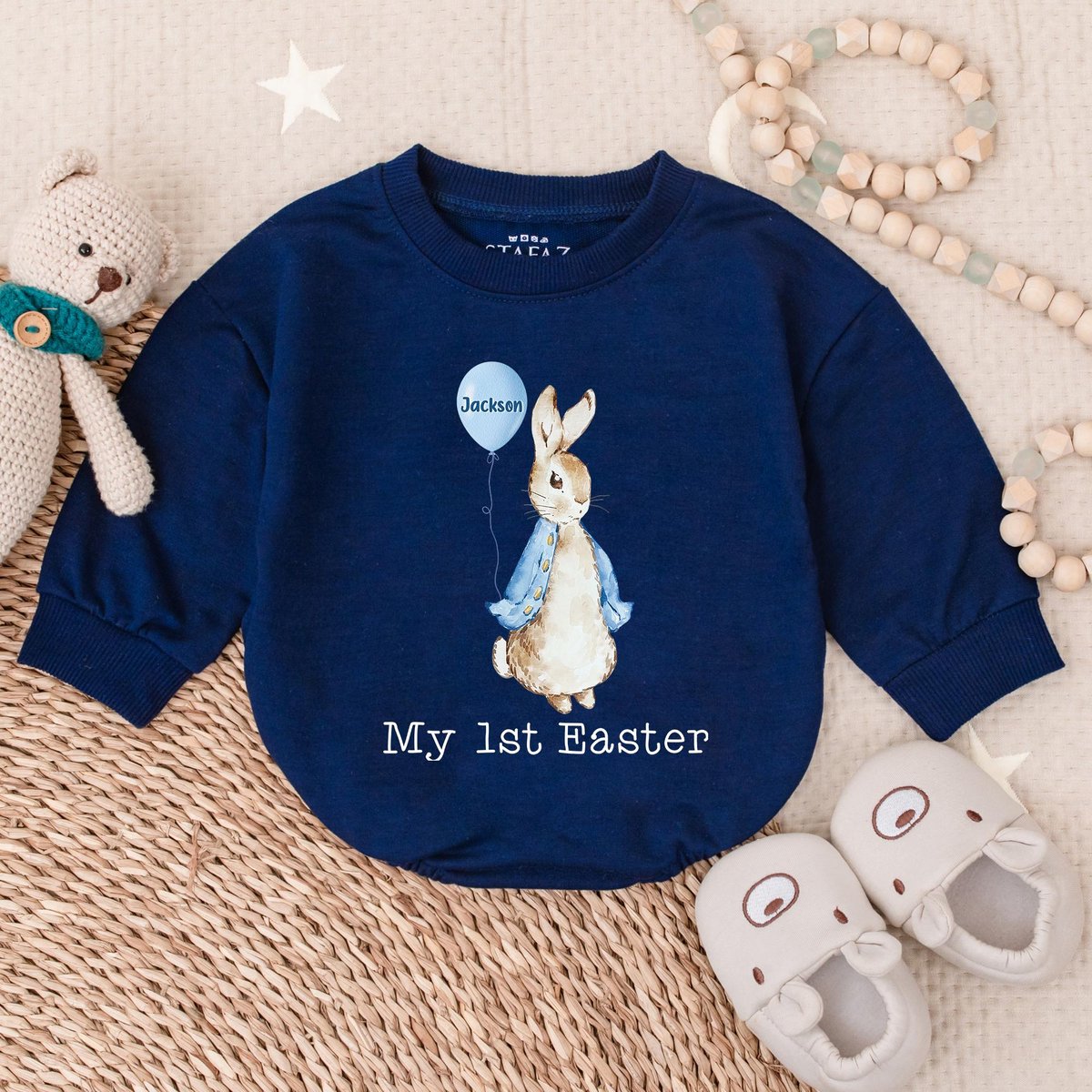 Personalized Baby Boy Blue Easter Romper 1st Easter Bubble Bodysuit Monogrammed Baby Outfit Easter D