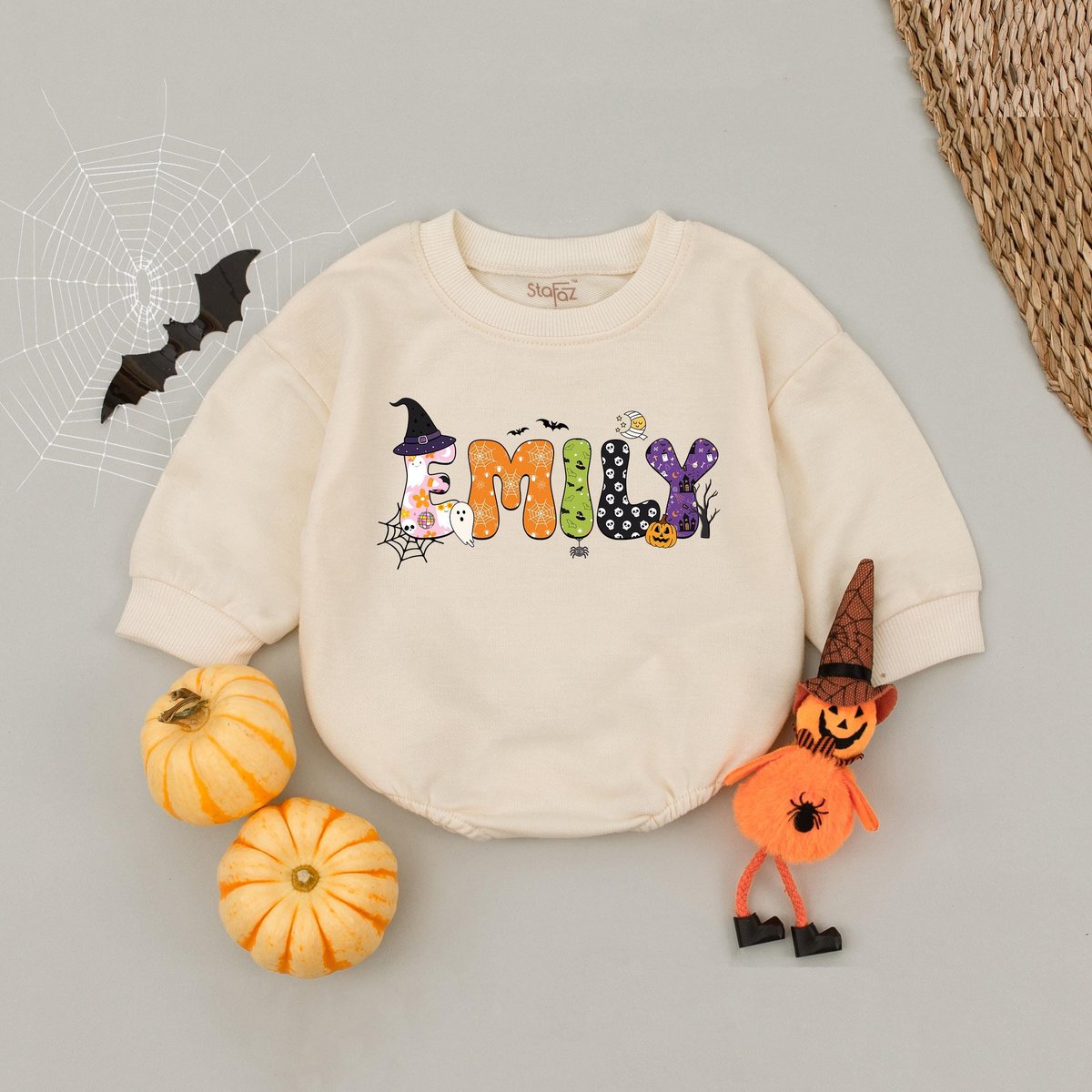 Personalized Baby Name Halloween Bubble Romper Custom First Halloween Bodysuit Cute Pumpkin Ghost Ba