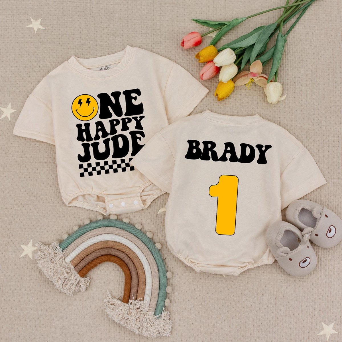 Personalized Baby Name Romper One Happy Jude Romper First Birthday Bodysuit Smiley Face Outfit Rompe