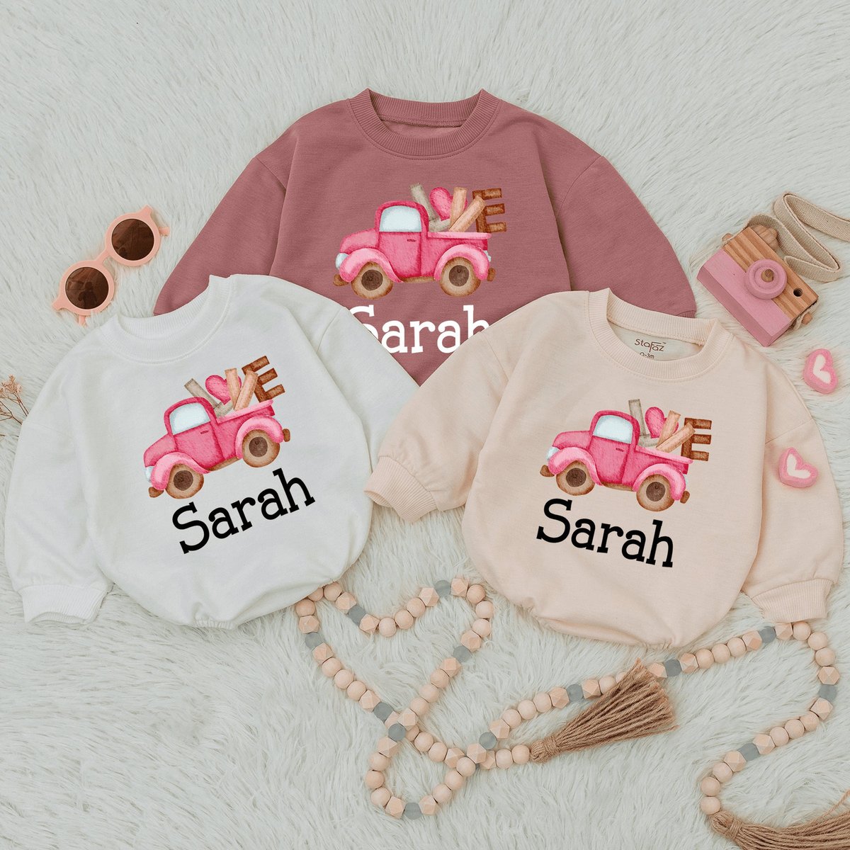 Personalized Baby Romper Valentine Baby Outfit Custom name baby clothes Custom baby truck Infant clo 165