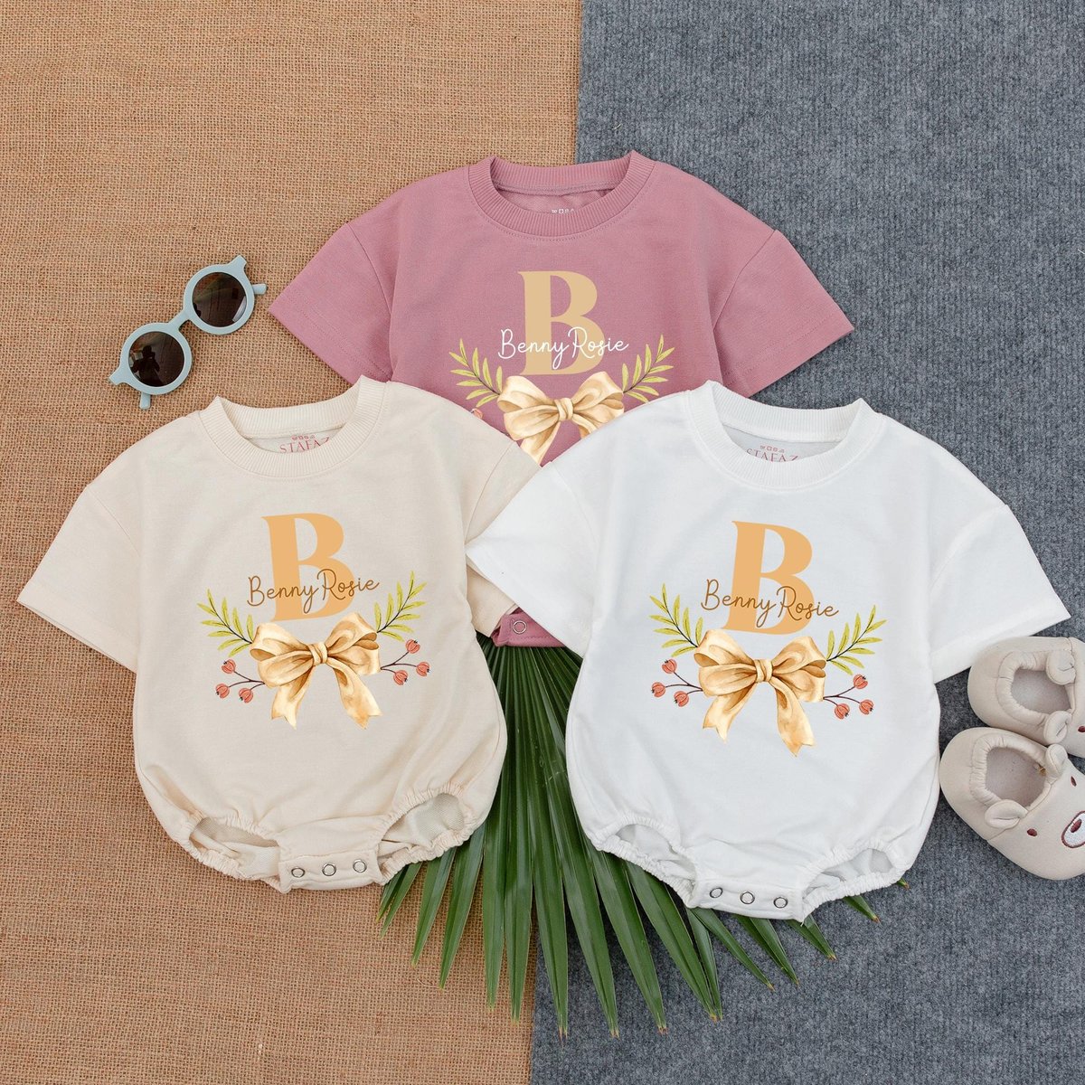 Personalized Baby T shirt Bubble Romper with Brown Bow Custom Name Baby Girl Outfit Neutral Baby Gif 188