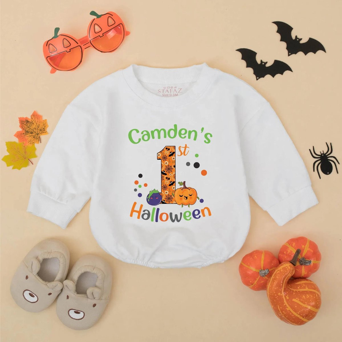 Personalized Babys 1st Halloween Romper Custom Name Pumpkin Ghost Baby Bodysuit Retro Halloween Baby 433