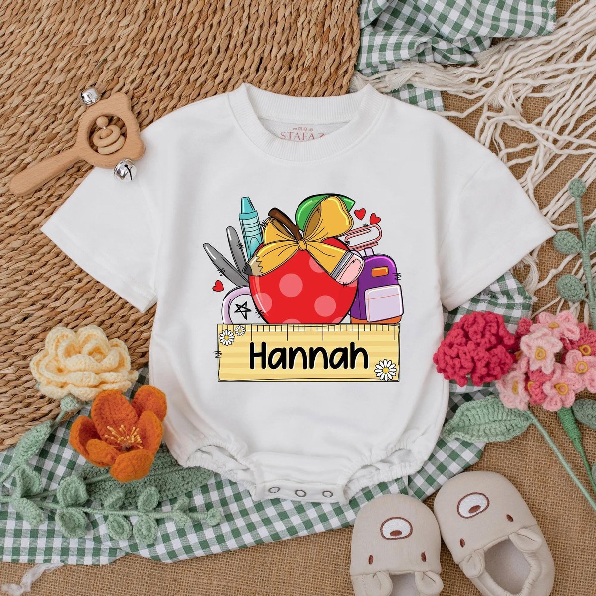 Personalized Back to School Baby Girl Romper Custom Name Apple Pencil Outfit First Day Preschool Clo 188