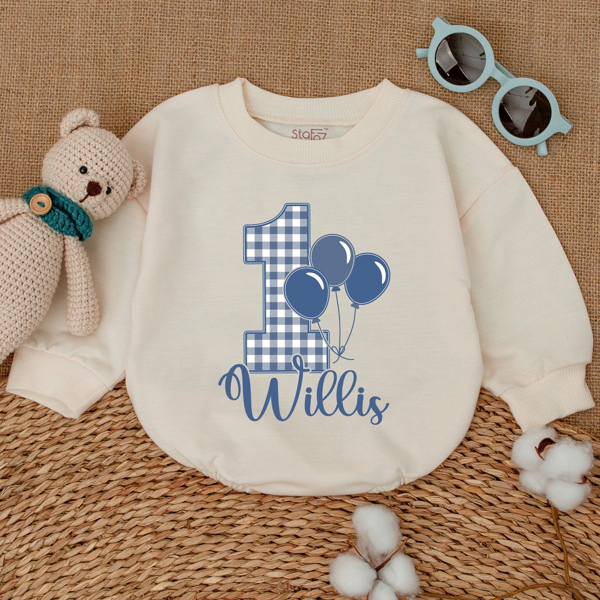 Personalized Balloon Bunch Birthday Romper Blue Gingham Balloon Birthday Bodysuit Smash Cake Outfit 168