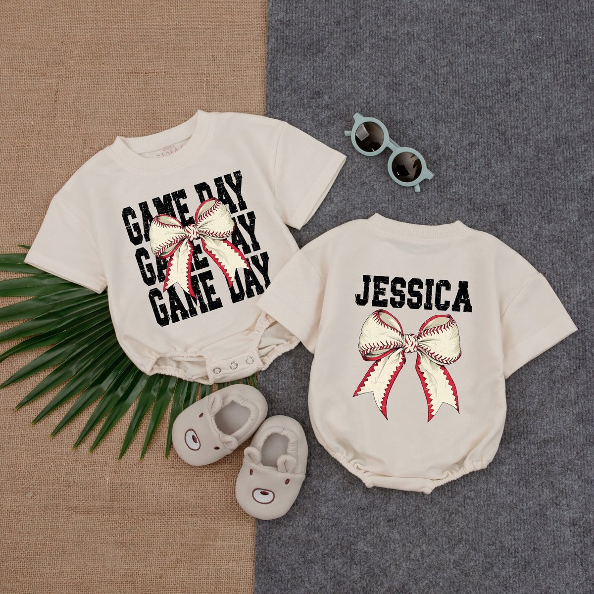 Personalized Baseball Bow Baby Romper Baseball Season Short Sleeve Romper Name and Bow Game Day Baby 177