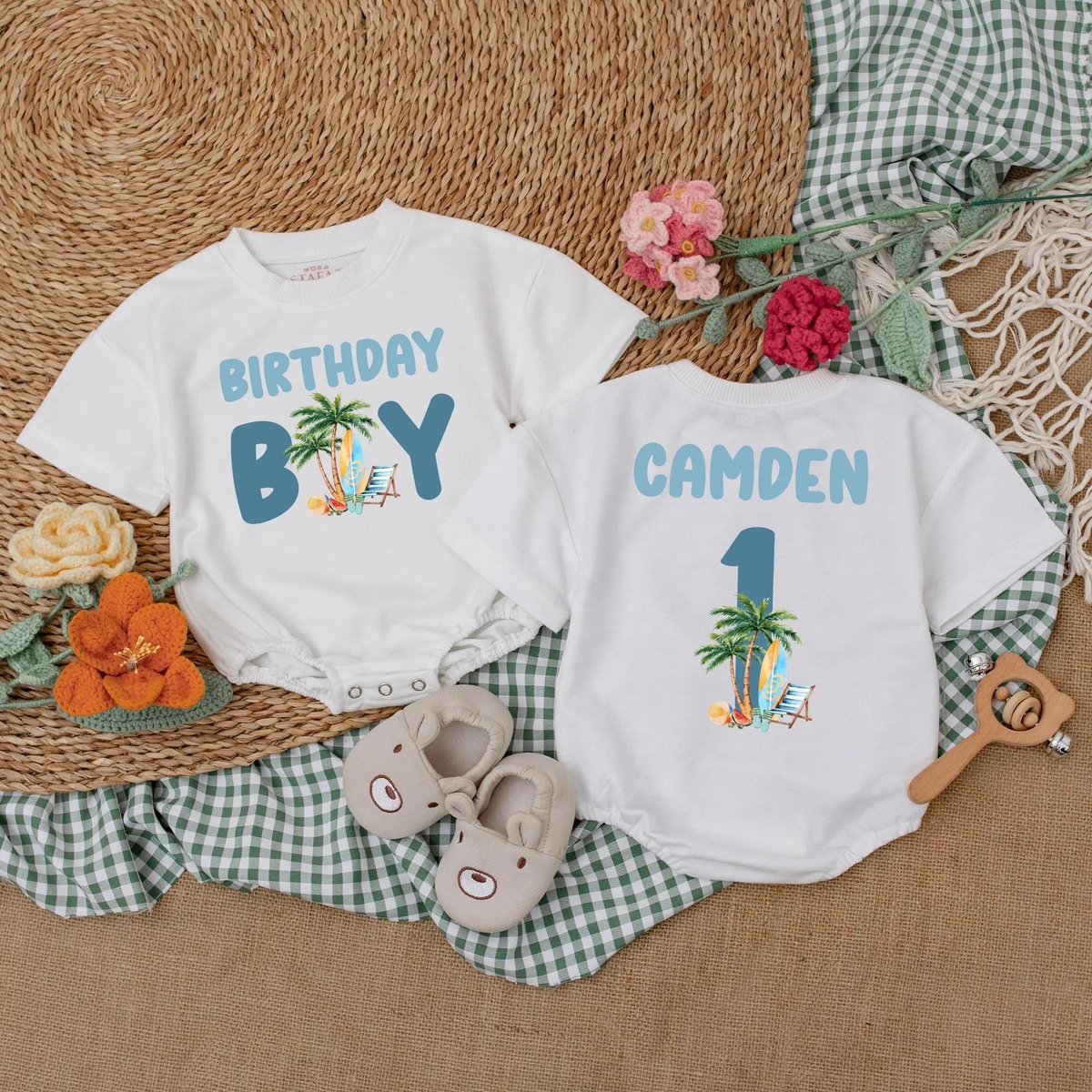 Personalized Beach Birthday Boy Baby Romper Surf First Birthday Bodysuit Surf Beach Theme Party Cake 189