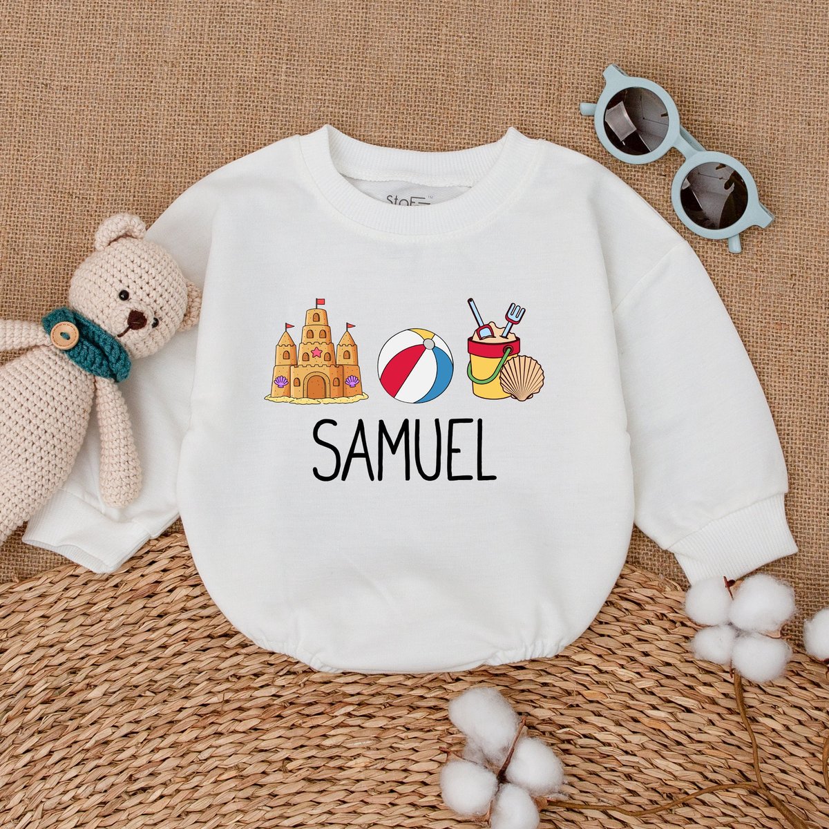 Personalized Beach Vacation Baby Bodysuit Sand and Sandcastle Bubble Romper Retro Summer Bodysuit Be 171