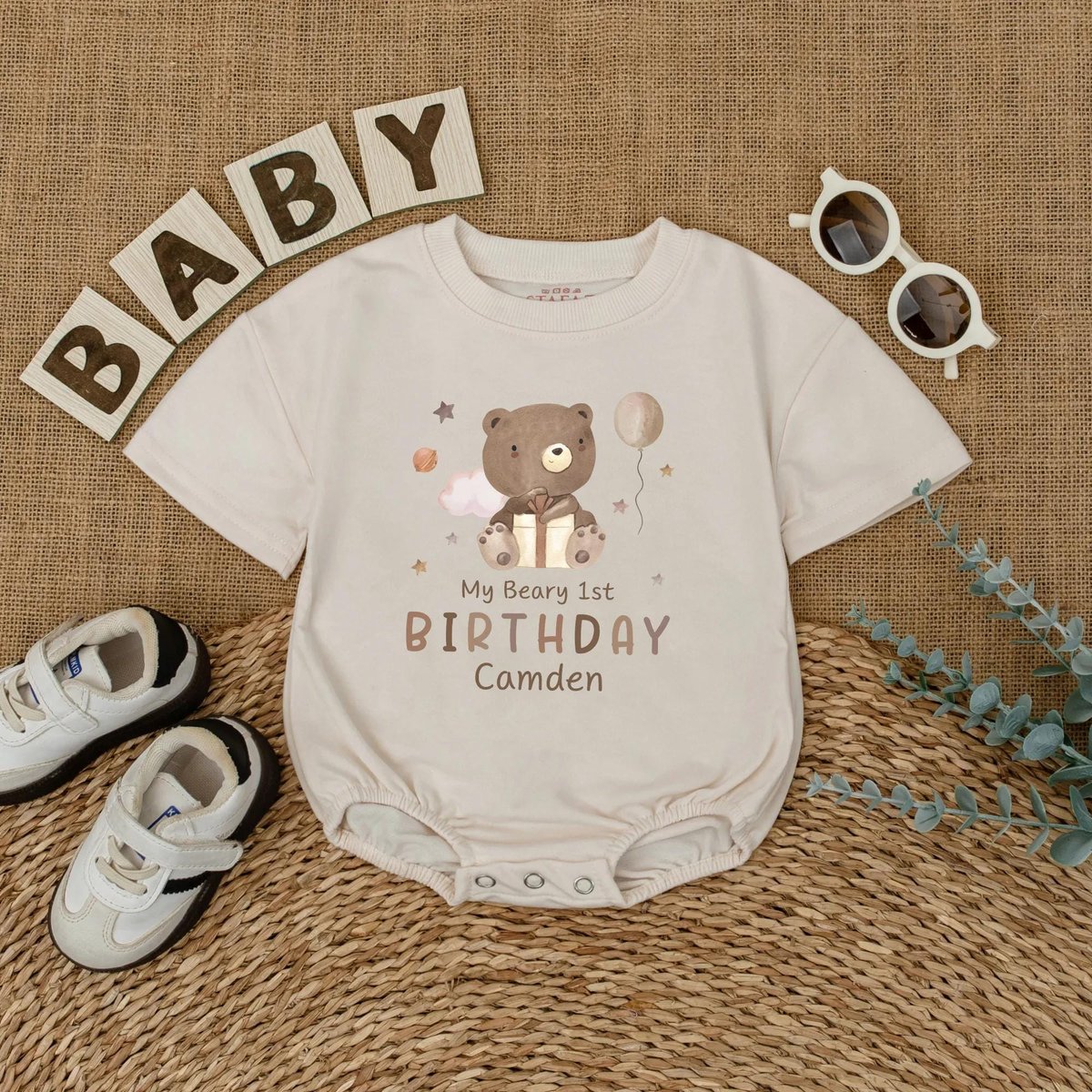 Personalized Beary First Birthday Bubble Romper Custom Bear 1st Birthday Bodysuit Smash Cake Outfit 437