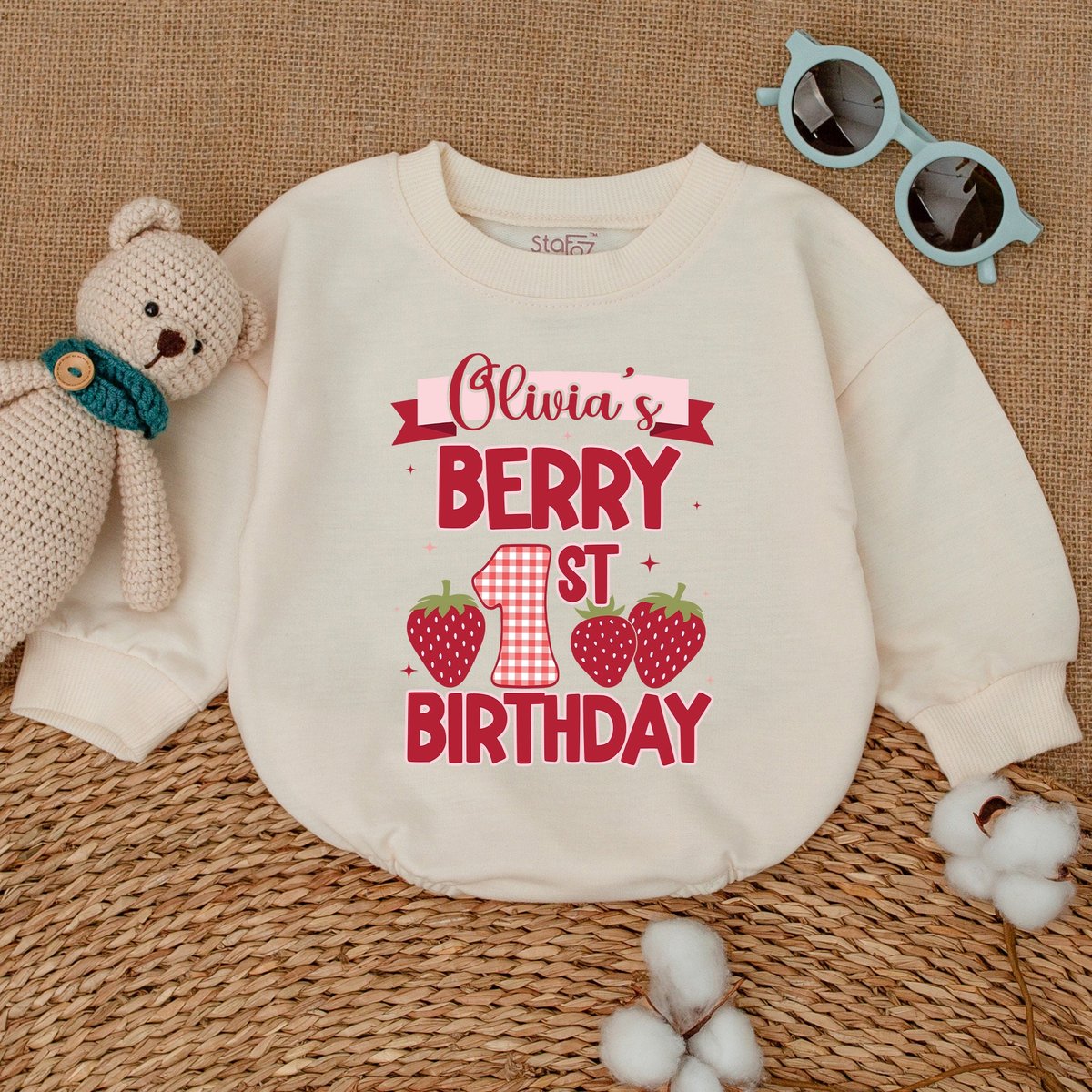 Personalized Berry 1st Birthday Romper Strawberry Birthday Bodysuit Bubble Romper Baby Bodysuit Smas 168