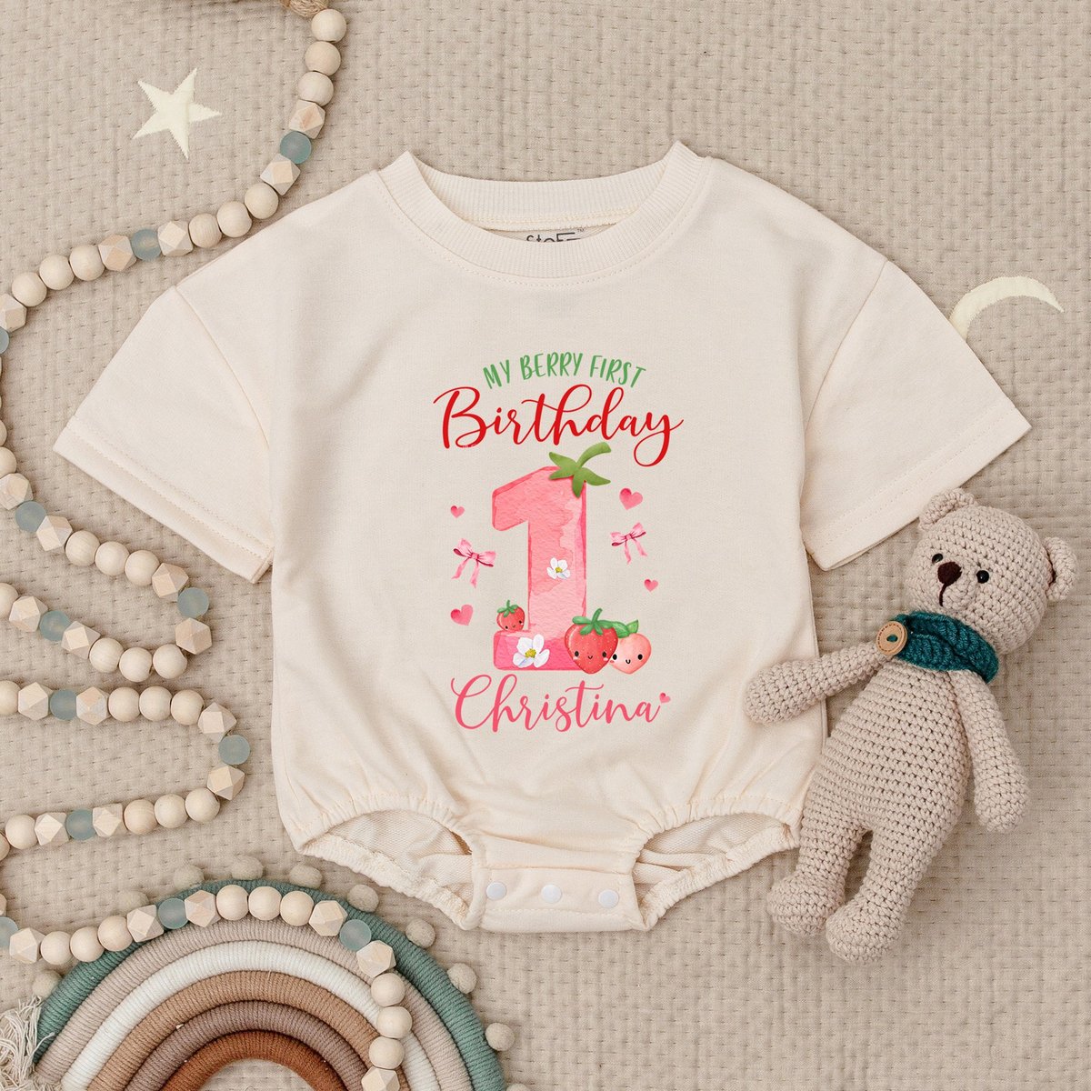 Personalized Berry First Birthday Baby Romper Custom Berry 1st Birthday Outfit Strawberry Bow Bubble