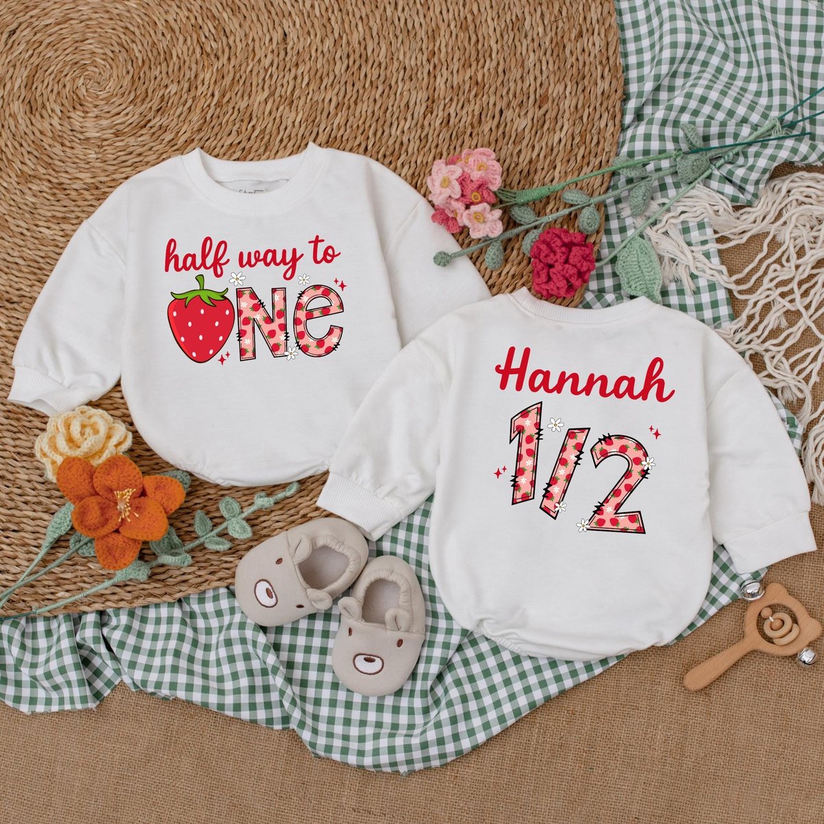 Personalized Berry Half Way To One Romper Half Birthday Girl Bodysuit 12 Birthday Outfit 6 Months Bi 186