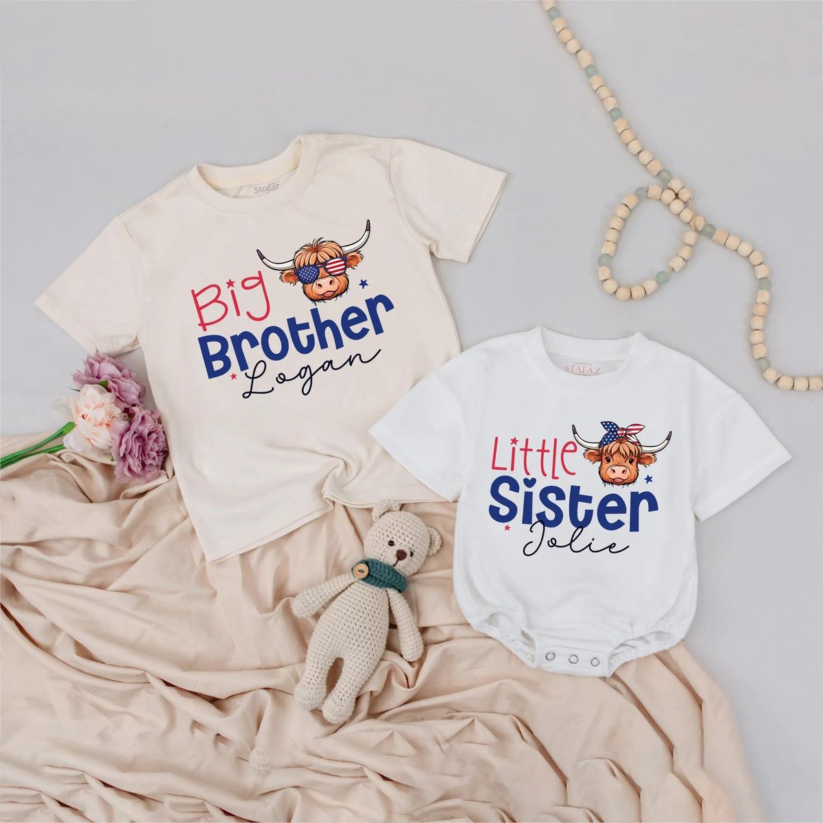 Personalized Big Brother and Little Sister Highland Cow Outfit Custom Patriotic Sibling Shirt 4th of 430